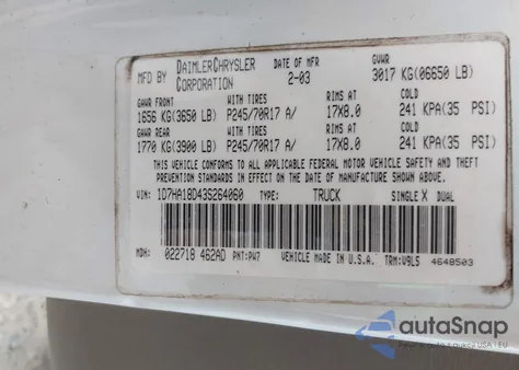 2003 Dodge Ram 1500 Slt/Laramie/St from USA, damaged, VIN 1D7HA18D43S264060